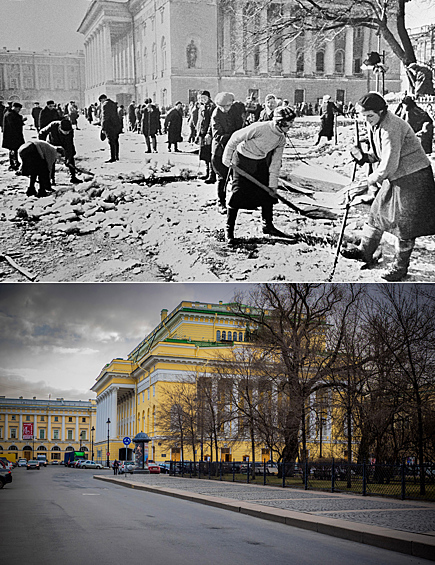 Советский союз. Ленинград. Жители города убирают лед у театра драмы имени А. С. Пушкина (Александринский театр) весной 1943 года. /  Россия. Санкт-Петербург. Вид на Александринский театр.