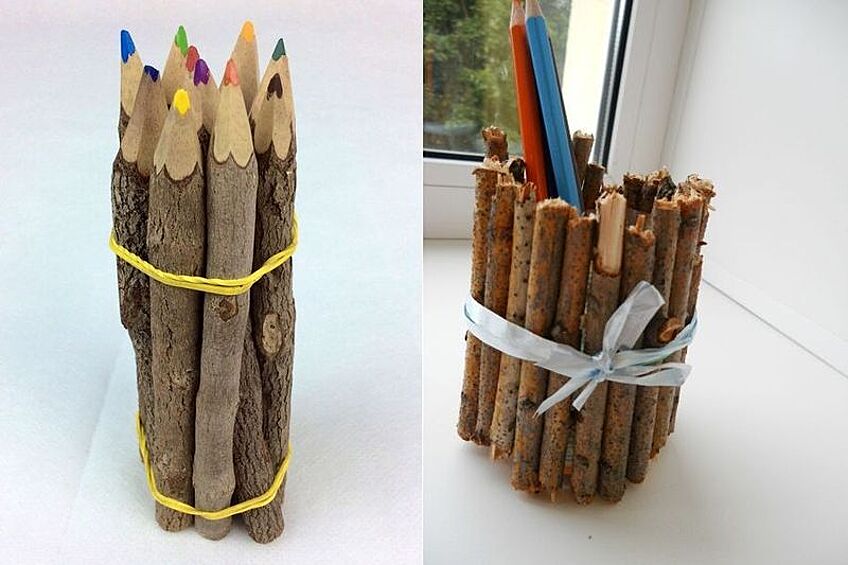 Дети будут в восторге от оригинальных подставок для канцелярских принадлежностей или необычных композиций в виде карандашей. 