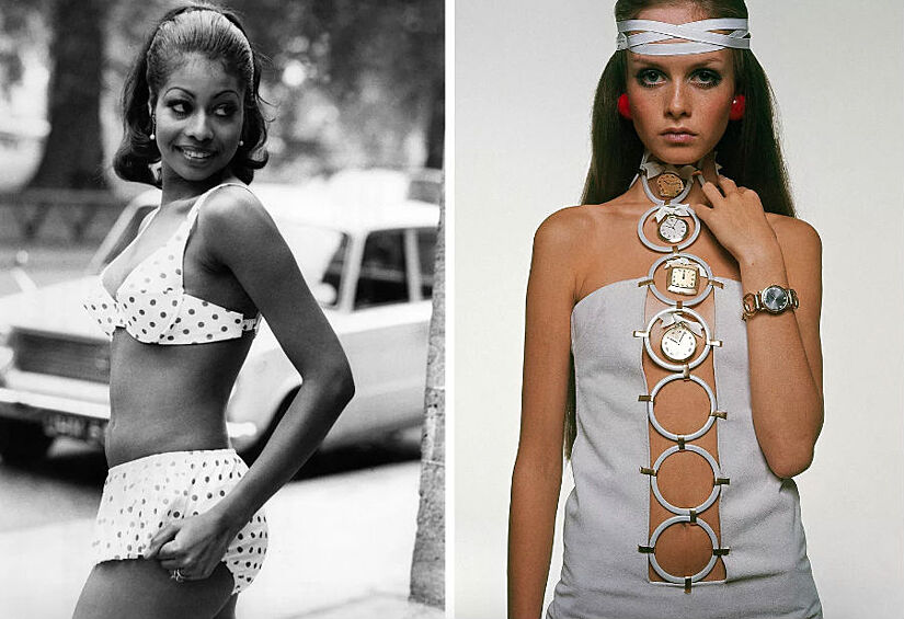 Слева — модель Валери Ст. Хелен показывает последнюю модель бикини на модном шоу в Лондоне, 1969 год. Справа — Твигги позирует для Vogue в знаменитом кожаном платье от Giorgio Sant“ Angelo, 1967 год. 