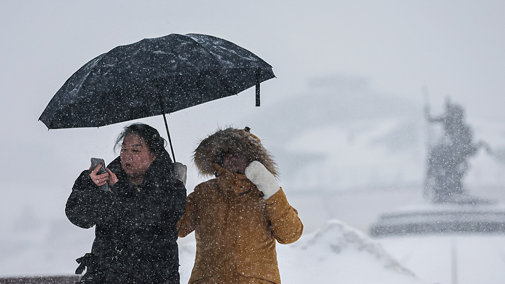 Горожане во время снегопада на Манежной площади