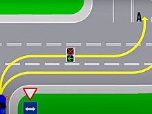 Изучаем ПДД. По какой из траекторий запрещено движение?