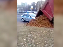 Водитель «КамАЗа» в Москве засыпал машину гаишников песком