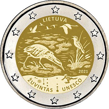 ОШИБКА на монете цапли и лягушки на болоте: 2 евро 2021 года «Биосферный заповедник Жувинтас» (ЮНЕСКО, «Человек и биосфера»)