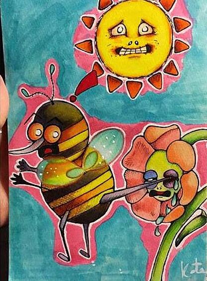 На этом рисунке видно, что во время галлюцинаций и приступов психоза девушку пугает и солнце, и цветы.
