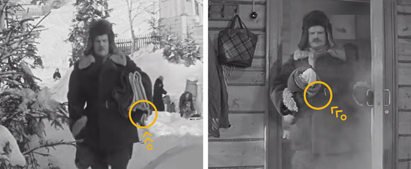 Девчата. Постельное белье, которое нес герой Михаила Пуговкина изменилось, когда он вошел в дом.