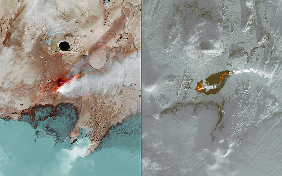 Лава, созданная в результате извержения вулкана, покрыла более 84 км² ледника Ватнаекуль в Исландии (август 2014/январь 2015).