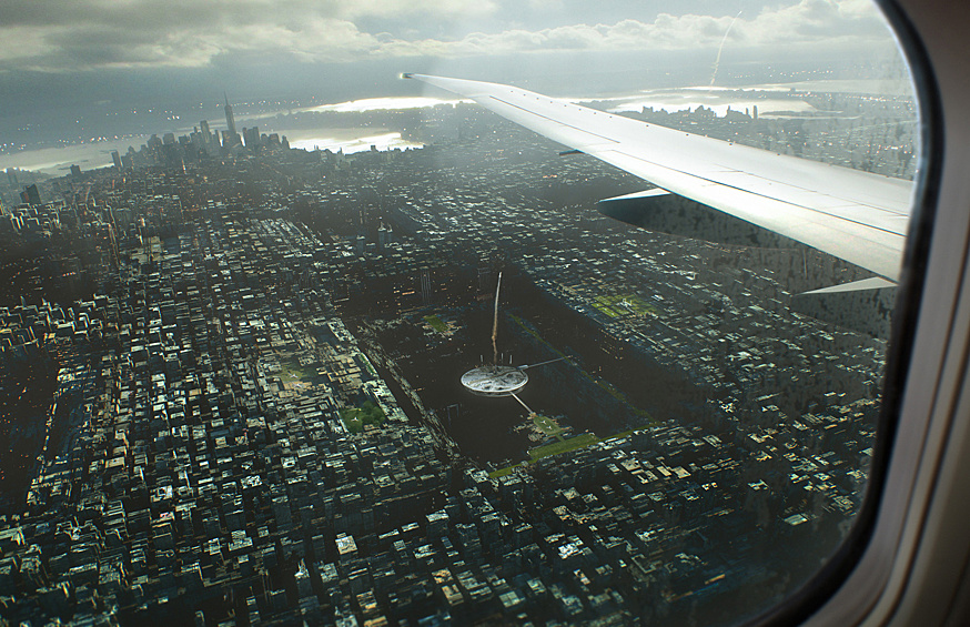 Вид на город будущего из иллюминатора самолета.