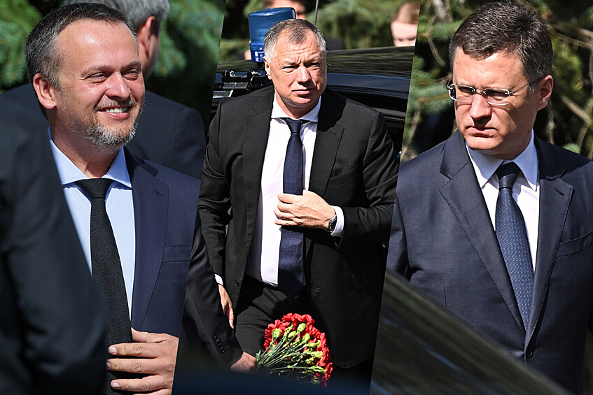 Министр транспорта Андрей Никитин, заместители председателя правительства РФ Марат Хуснуллин и Александр Новак (слева направо) на церемонии прощания с бывшим министром транспорта Романом Старовойтом в ЦКБ, Москва, 10 июля 2025 года