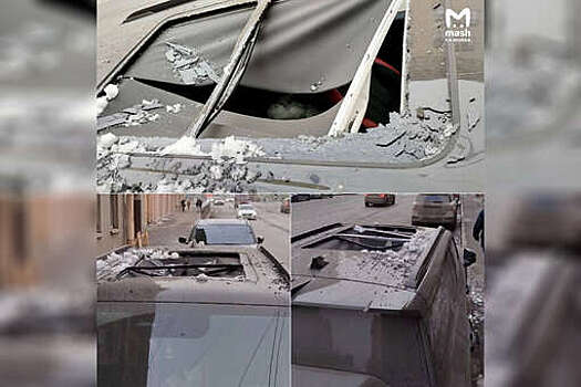 В Петербурге ледяная глыба насквозь проломила крышу припаркованного автомобиля