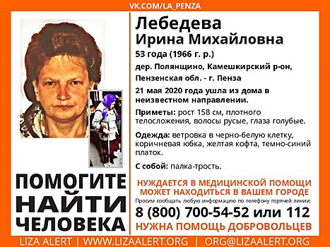 В Пензенской области ищут 53-летнюю Ирину Лебедеву
