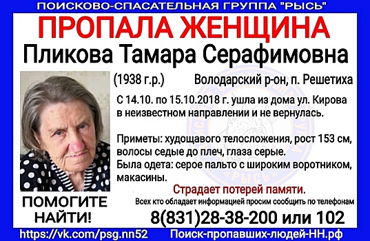 Пенсионерка пропала в Нижегородской области