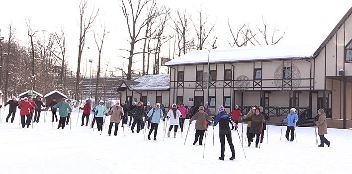 Занятия по скандинавской ходьбе проходят для пожилых людей в парке Одинцова