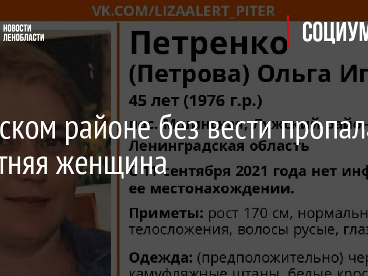 В Лужском районе без вести пропала 45-летняя женщина - Рамблер/новости