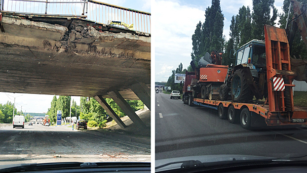 В Воронеже эвакуатор частично разрушил мост при перевозке экскаватора