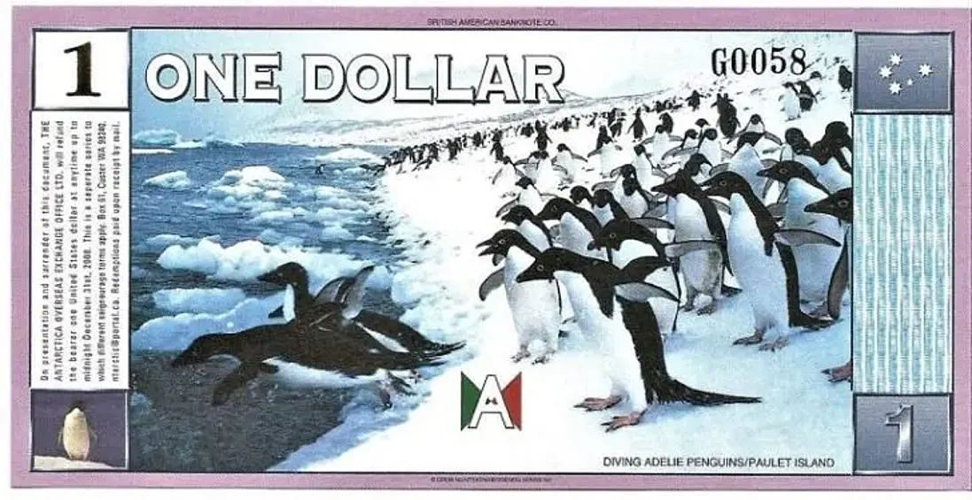 Один антарктический доллар. Неофициальная валюта. Купюры выпускались с 1996 по 2001 год.