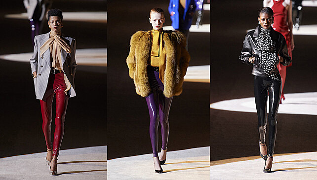 Вместо кожаных брюк и юбок Saint Laurent предлагает носить виниловые легинсы