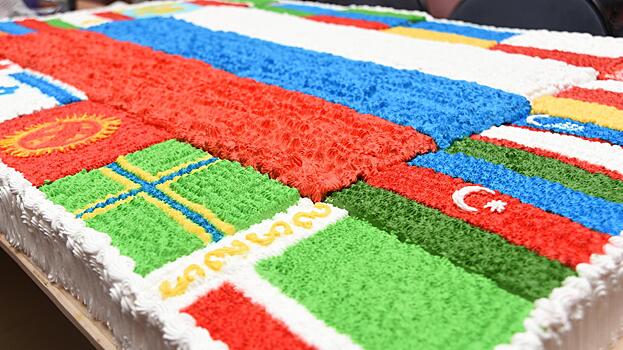 32-килограмовый торт с флагами разных стран подарили вологодской молодежи диаспоры