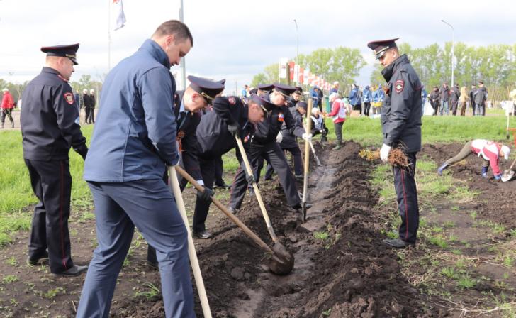 Полицейские высадили деревья на мемориальном комплексе «Курская битва»