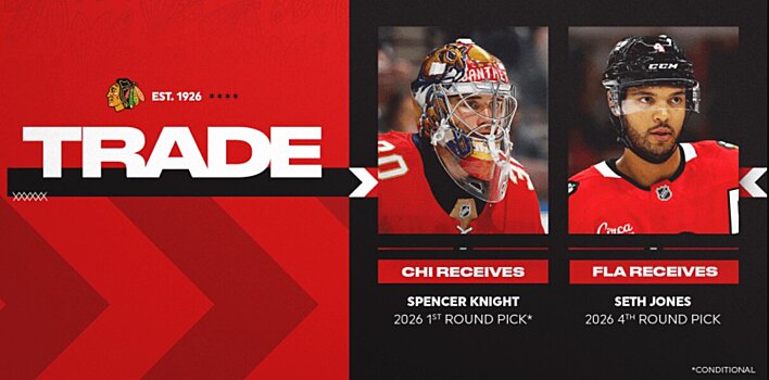 «Флорида» выменяла Сета Джонса у «Чикаго», отдав вратаря Найта и выбор в 1-м раунде драфта. «Блэкхокс» удержат 2,5 млн из 9,5 млн кэпхита защитника