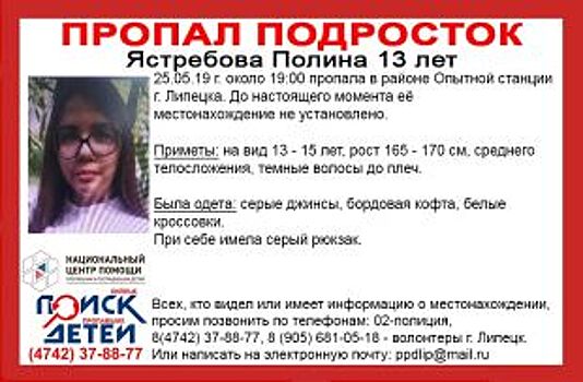 В Липецке бесследно исчезла 13-летняя девочка