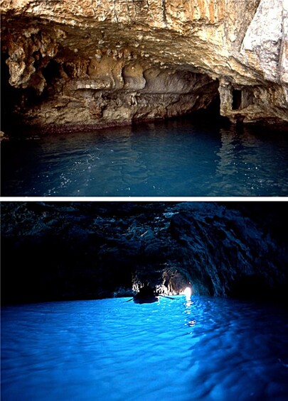Голубой грот, остров Капри, Италия.   Вода в пещере выглядит светящейся благодаря свету, который идет снаружи.