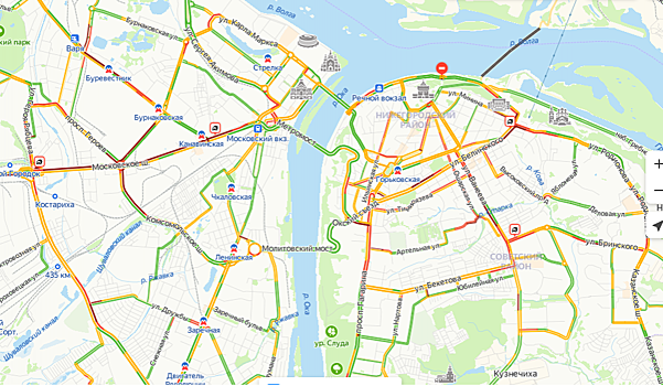 Пробки в 10 баллов зафиксированы в Нижнем Новгороде вечером 12 февраля