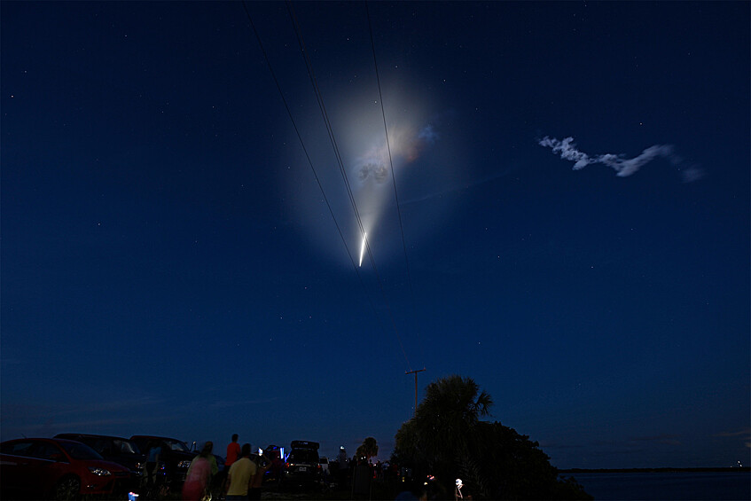 The Inspiration 4 civilian crew aboard a Crew Dragon capsule and SpaceX Falcon 9 rocket launches from Pad 39A at the Kennedy Space Center in Cape Canaveral, Florida, September 15, 2021