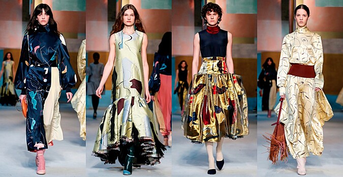 Абстракции на атласных платьях на показе Roksanda