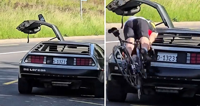 Беспечный велосипедист влетел в припаркованный Delorean DMC-12