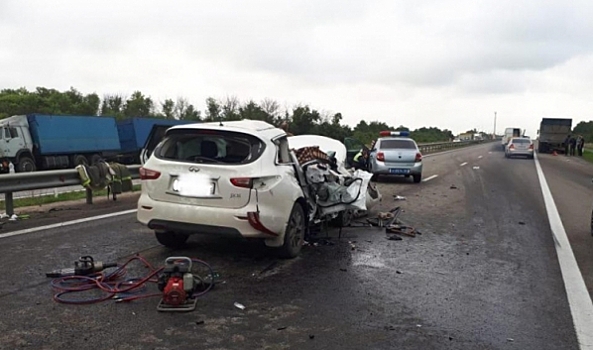 На воронежской трассе столкнулись Infiniti, Hyundai и «КамАЗ»: две женщины погибли, трое детей в больнице