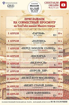 Малый театр представит трансляции девяти постановок в апреле