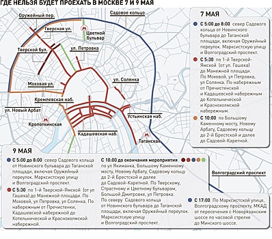 В центре Москвы 7 и 9 мая запланированы серьезные перекрытия дорог
