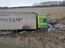 Фура с лопнувшим колесом улетела в кювет на трассе под Новосибирском