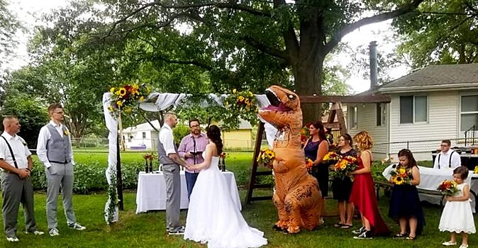 Девушка испортила свадьбу, нарядившись динозавром