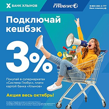 Банк «Хлынов» вернет 3% деньгами на карту за покупки в супермаркетах «Система Глобус» (16+)