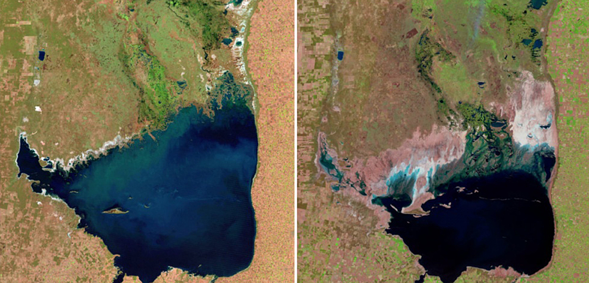 Мар-Чикита — крупное бессточное солёное озеро в Аргентине. В настоящее время Мар-Чикита уменьшается в объёме из-за увеличивающихся испарений и сокращения поступления воды. На фото (июльь 1998/сентябрь 2011)