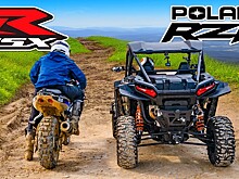 Посмотрите на необычную гонку спортбайка и мотовездехода на бездорожье