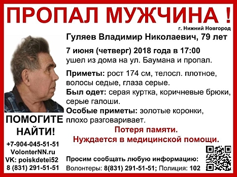 79-летний Владимир Гуляев пропал в Нижнем Новгороде