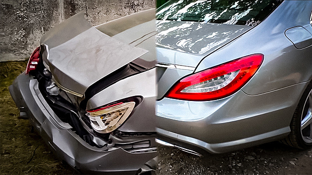 Разбитый Mercedes, отремонтированный рукастым кузовщиком. До и после