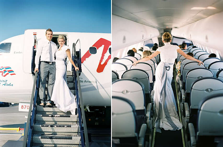 Свадьба в самолете. В салоне самолета можно провести выездную церемонию, благо и места для гостей уже есть