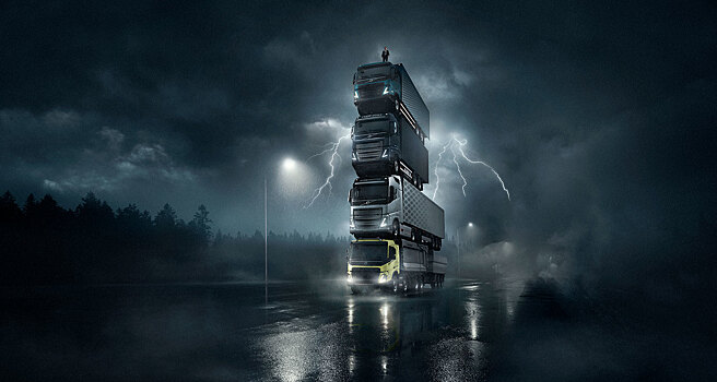 Volvo построила движущуюся башню из грузовиков