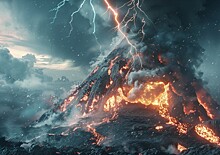 Появились кадры бьющей в извергающийся вулкан молнии в Индонезии