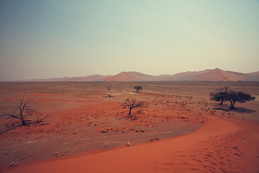 Намиб, Намибия. Название жаркой пустыни переводится с африканского языка нама как "место, где ничего нет". Площадь — около 100 000 км².