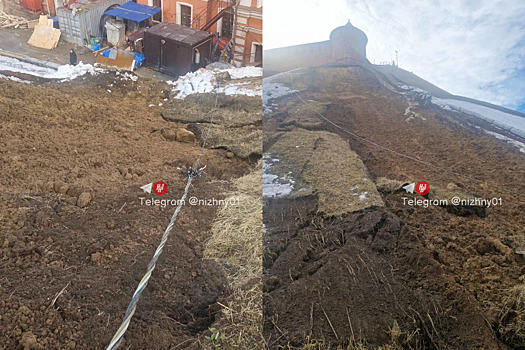 Верхний слой грунта сошел на склоне у Северной башни Нижегородского кремля