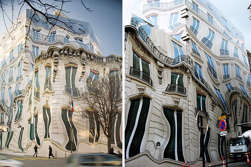 «Тающий» дом в Париже на Авеню Георга V. Использование графического редактора здесь присутствует: искаженное изображение здания было нанесено на закрывающие его панели во время реставрации.