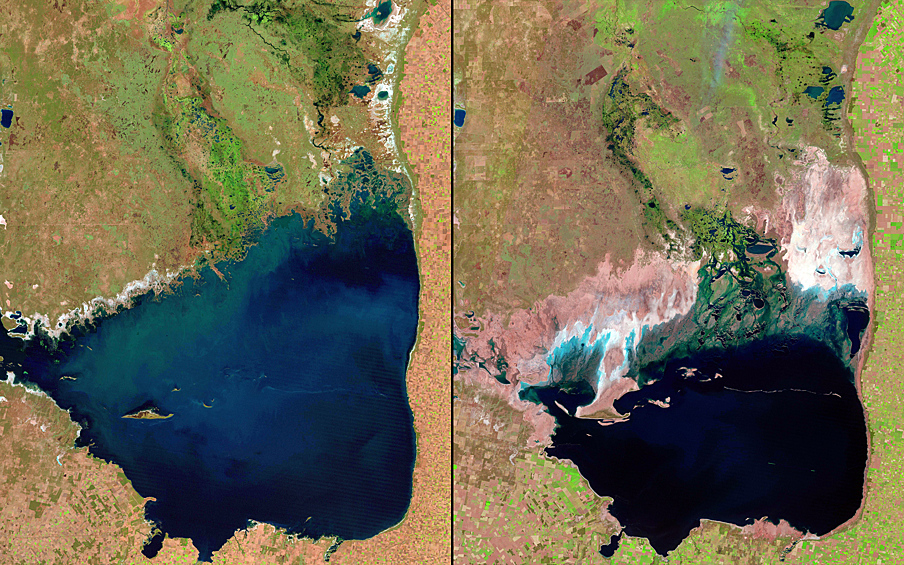 Мар-Чикита - крупное бессточное солёное озеро в Аргентине. В настоящее время Мар-Чикита уменьшается в объёме из-за увеличивающихся испарений и сокращения поступления воды. На фото (июльь 1998/сентябрь 2011).
