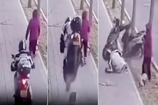 Китайский мотоциклист пожалел, что проложил свой маршрут по пешеходной дорожке: видео