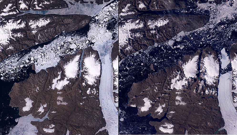 Таяние ледника Петерманна в Гренландии. По словам г-на Мюнхова, потепление на севере Гренландии и в Канаде идет в пять раз быстрее, чем в среднем по миру. За последние 30 лет температура в этих регионах выросла примерно на 4 градуса по Фаренгейту.