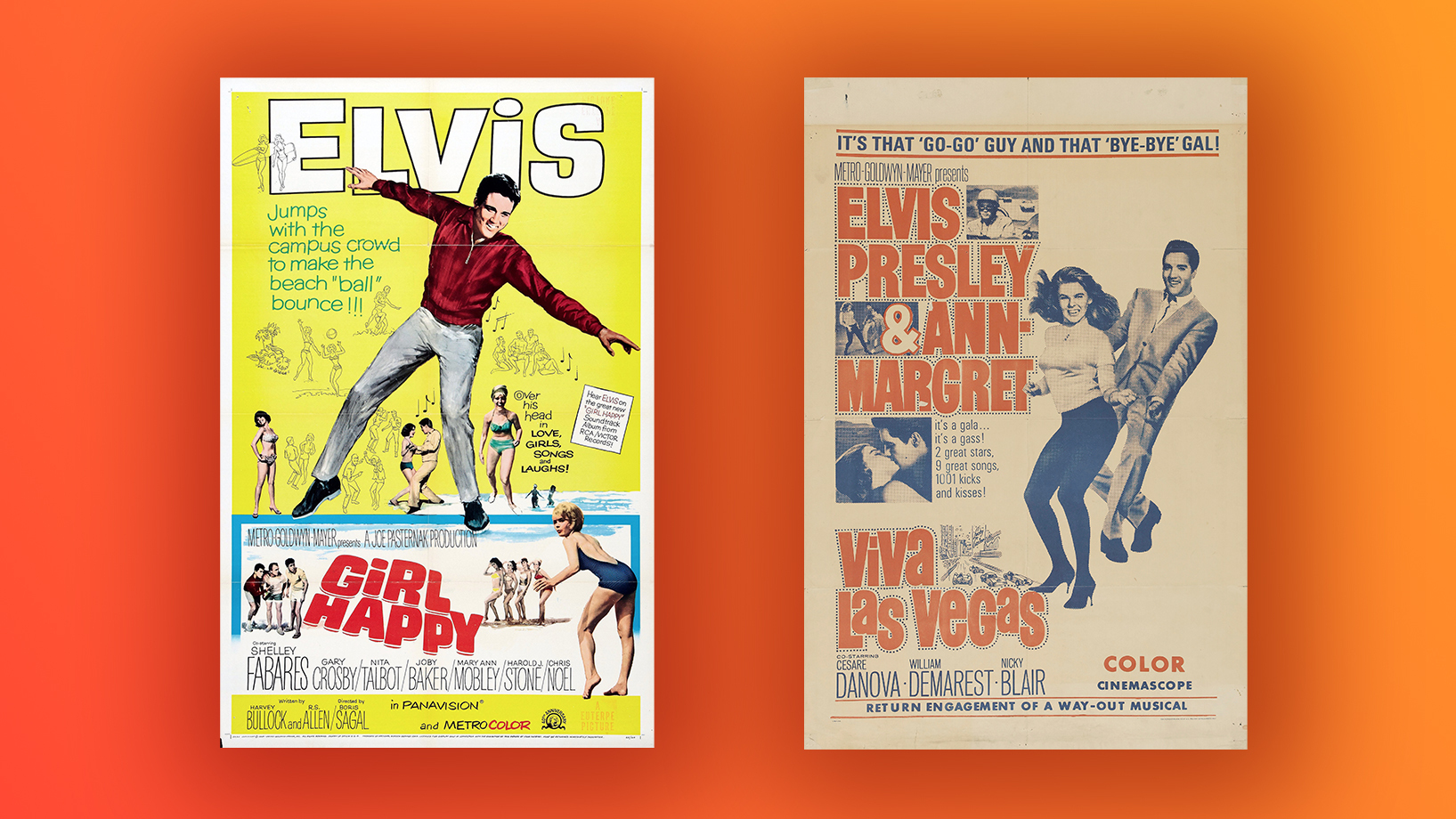 Постеры к фильмам «Счастлив с девушкой» (1965) и «Да здравствует Лас-Вегас!» (1964)