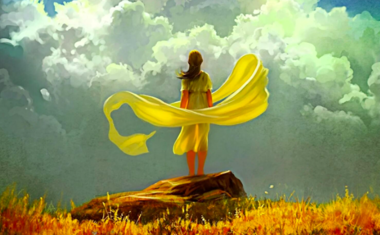 Девушка на ветру. Картина девушка и ветер. Иллюстрации счастье. Душевные иллюстрации.